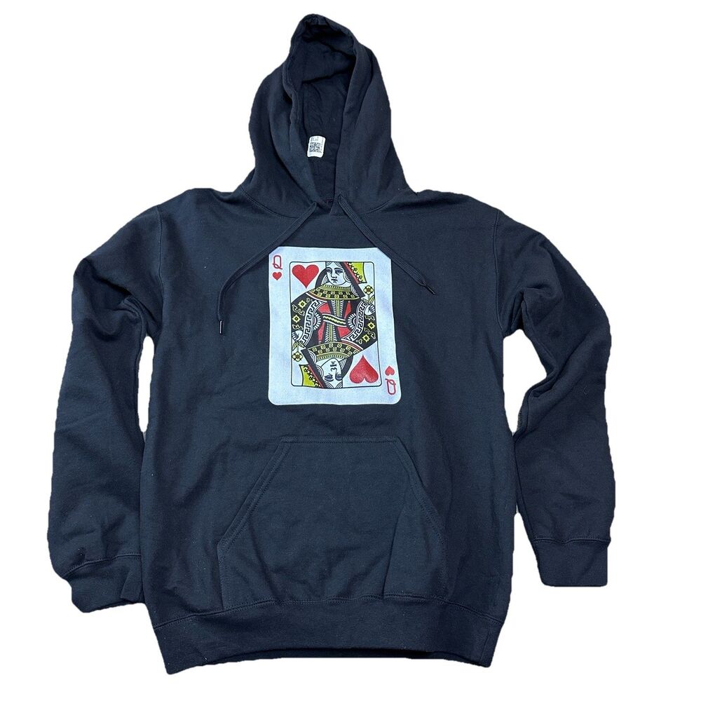 Queen of Hearts Hoodie Black Pullover Size S 19x25 Graphic Streetwear Unisex‎